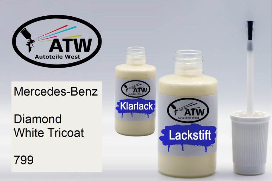 Mercedes-Benz, Diamond White Tricoat, 799: 20ml Lackstift + 20ml Klarlack - Set, von ATW Autoteile West.